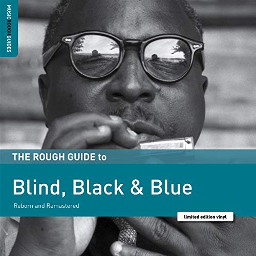 Black and white portrait of a man playing a harmonica, album cover.