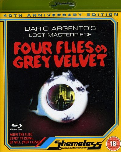 Blu-ray cover for horror film "Four Flies On Grey Velvet" with an eye image.