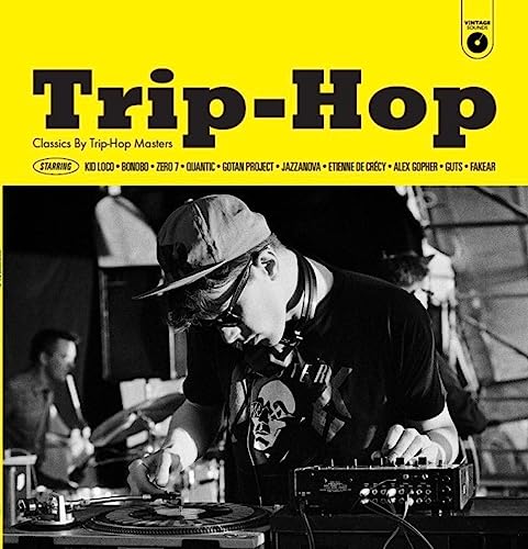Vinyl record cover for “Trip-Hop” compilation, featuring a DJ and yellow text.