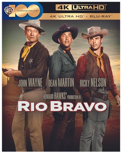 Rio Bravo" Blu-ray cover featuring John Wayne, Dean Martin, and Ricky Nelson.