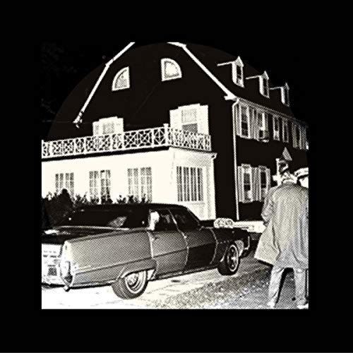 Black and white CD cover with a house, car, and person.