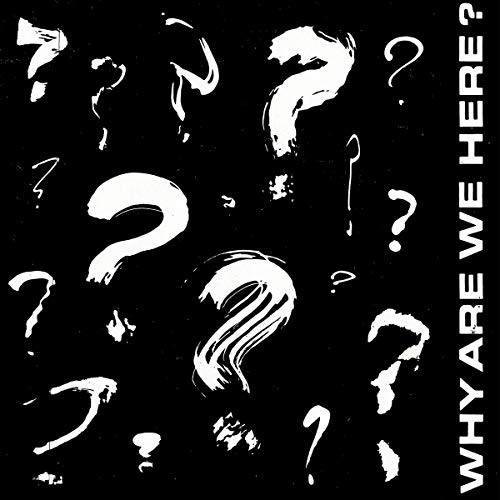 Black and white album cover with many white question marks and text.