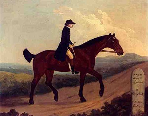 A horseman riding a brown horse on a dirt road.