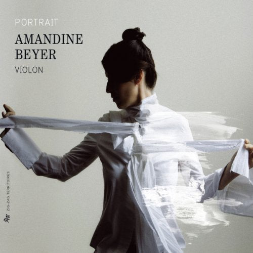 Woman in white shirt, holding fabric, album cover for Amandine Beyer.