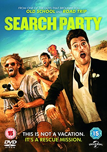 DVD cover for "Search Party" featuring three men running from an explosion.