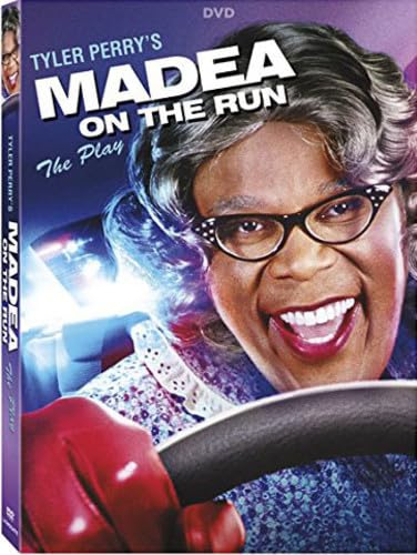 DVD cover for "Tyler Perry's Madea On The Run" featuring Madea.