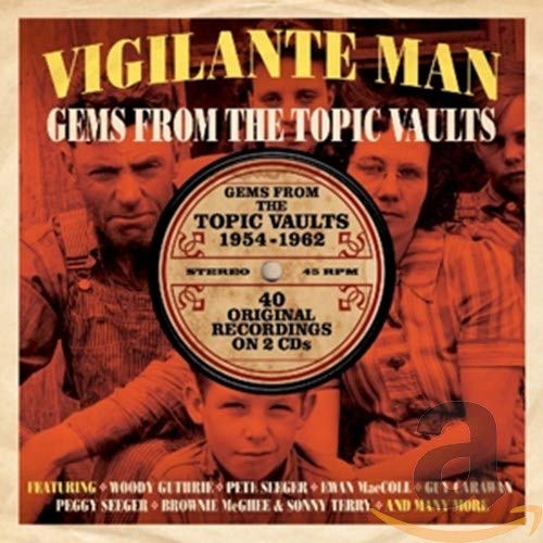 CD cover for "Vigilante Man" featuring folk musicians and a record label design.