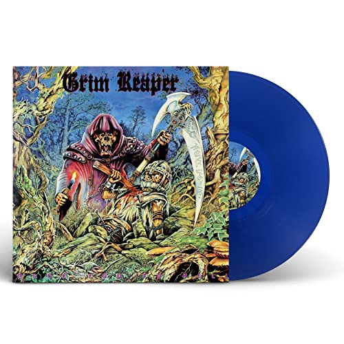 Grim Reaper album cover with a skeletal figure and blue vinyl record.