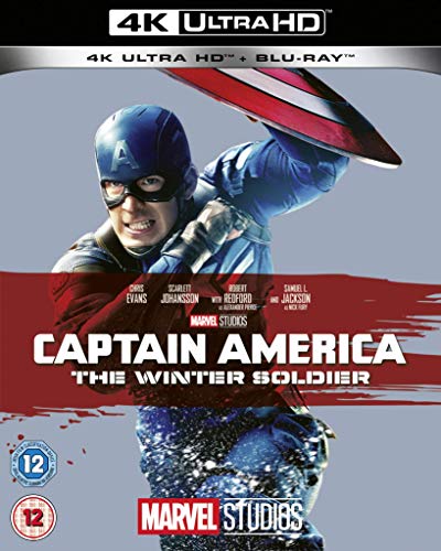 Captain America with shield, movie cover for "The Winter Soldier" UHD Blu-ray.