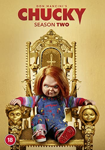 Chucky doll sitting on an ornate golden chair, season two DVD cover.