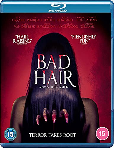 Bad Hair" Blu-ray cover featuring a woman with long, dark hair and bloody hands.