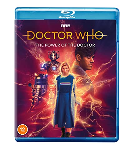 Blu-ray cover for Doctor Who: The Power of the Doctor featuring characters and electricity.