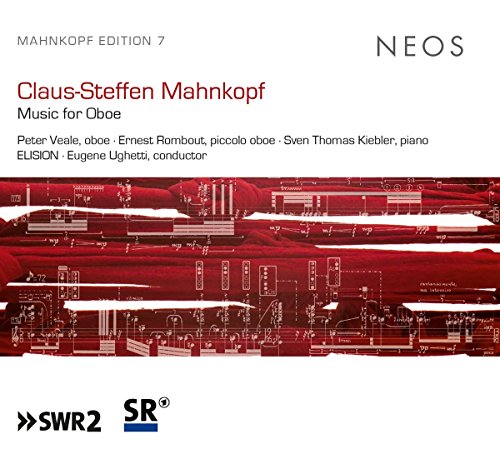 CD cover for "Music for Oboe" featuring abstract red and white musical scores.