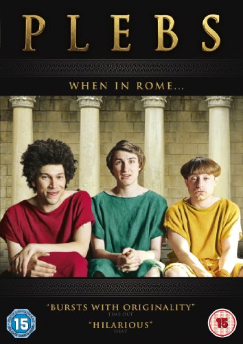DVD cover for “Plebs” featuring three young men in Roman attire.