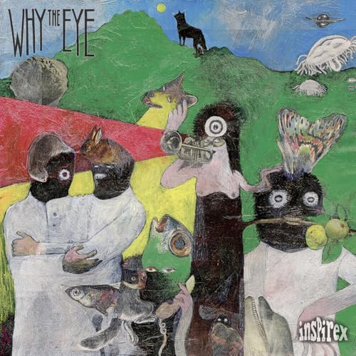 Surreal album cover with figures, animals, and a bright landscape.