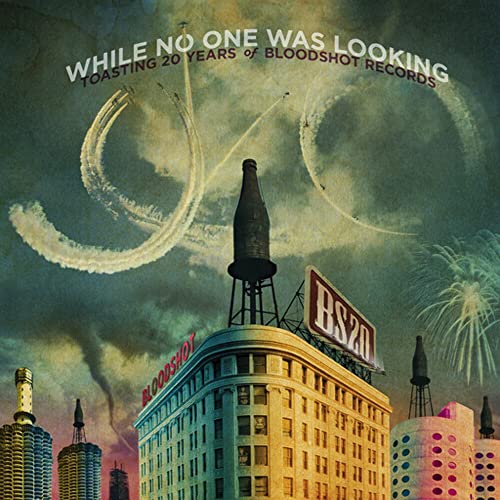 Album cover: Cityscape with jets, fireworks, and a bottle on a tower.