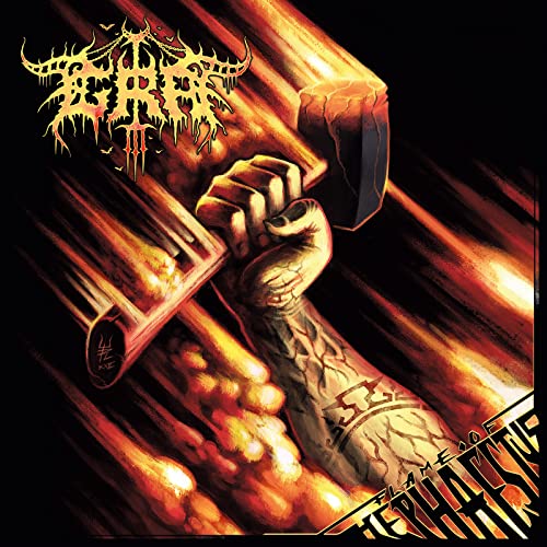 Metal band album cover with a fist holding a hammer amidst flames.