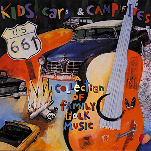 CD cover with road signs, cars, a guitar, and flames.