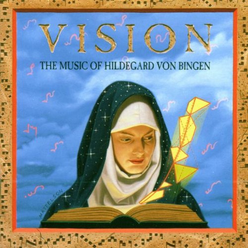 CD cover: Hildegard von Bingen portrait with open book and light rays.