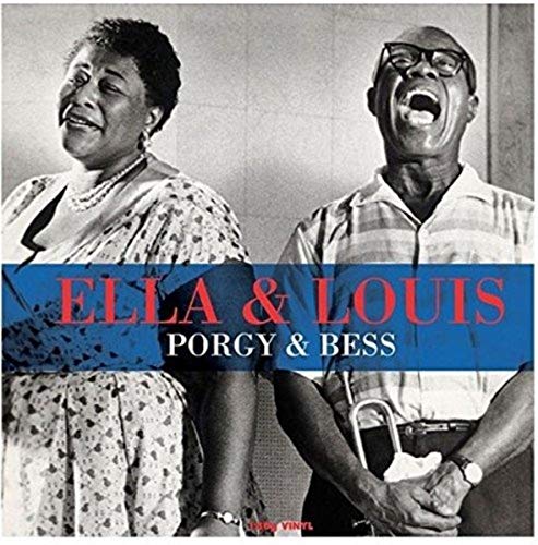 Black and white portrait of Ella Fitzgerald and Louis Armstrong singing, album cover art.
