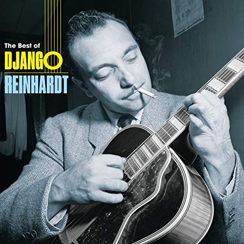 Django Reinhardt portrait, playing guitar with a cigarette, album cover.
