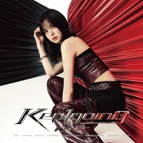 Kep1er album cover featuring a woman in leather clothing, red and black background.