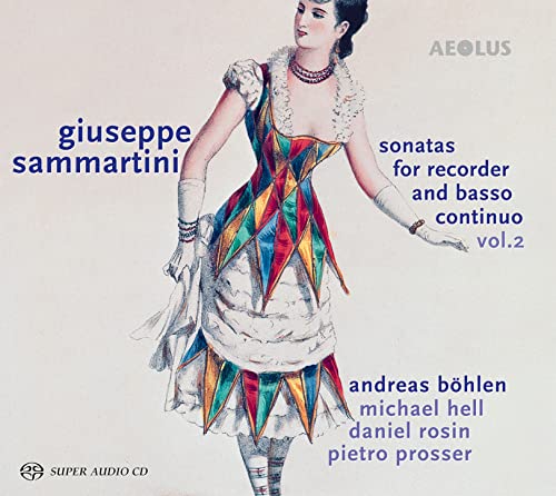 CD cover: woman in colorful harlequin costume, text “Sammartini: Sonatas”.
