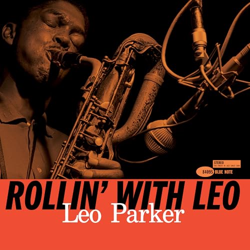 Leo Parker playing saxophone into a vintage microphone, album cover.