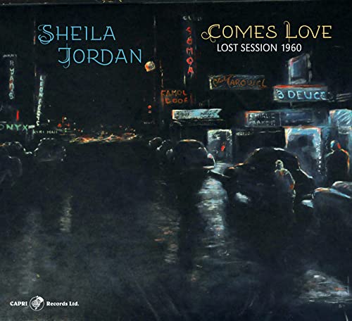 Sheila Jordan “Comes Love” vinyl record cover with a nighttime city scene.