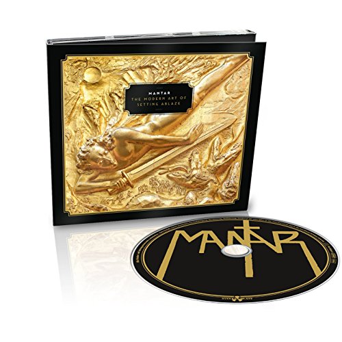 Golden relief sculpture on CD case with black disc below.