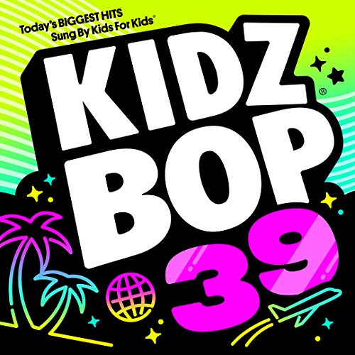 Kidz Bop 39 album cover with bright colors, text, and tropical graphics.