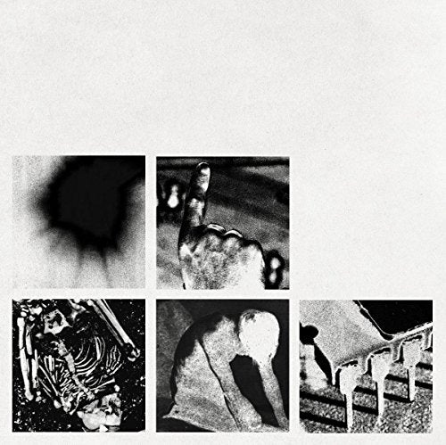 Black and white collage of unsettling, grainy images on a white background.
