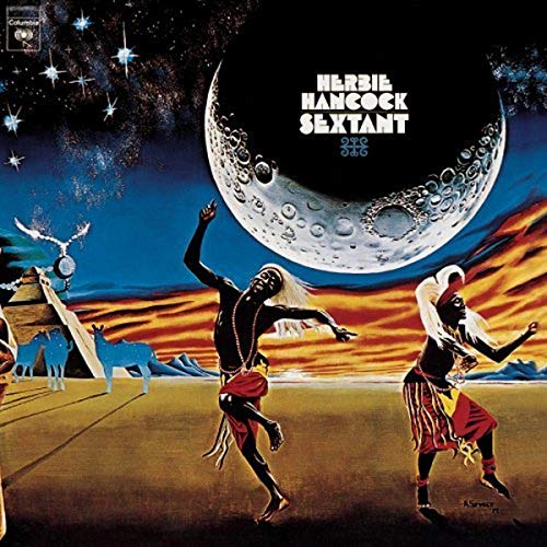Album cover for Herbie Hancock’s “Sextant” featuring figures under a large moon.