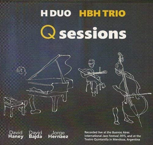 CD cover for "Q Sessions" featuring musicians with piano and bass.