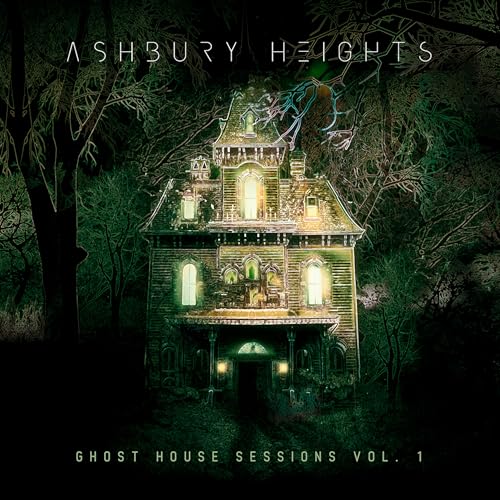 Dark, illustrated haunted house with glowing windows, album cover for Ashbury Heights.