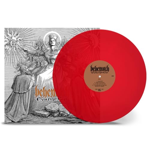 Behemoth’s “Evangelion” vinyl record with red disc and ornate cover art.
