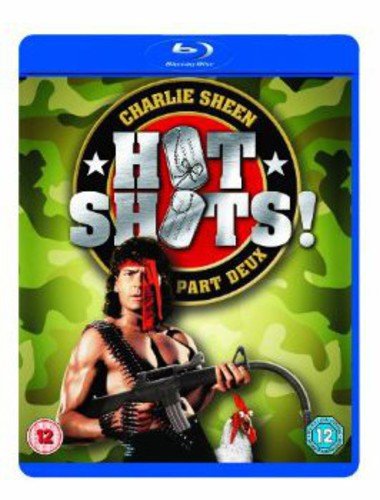 Hot Shots! Part Deux" Blu-ray cover featuring Charlie Sheen in military gear.