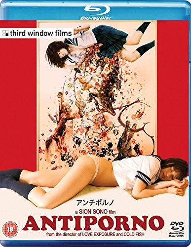 Blu-ray cover for "Antiporno" featuring young women and floral/animal imagery.