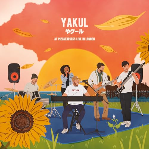 Yakul band illustration with instruments, sunflowers, and a sunset backdrop.