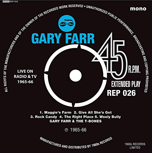 Black vinyl record label for Gary Farr and the T-Bones EP with tracklist.