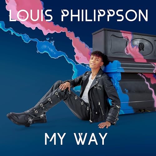 Louis Philippson sits beside a piano with pink and blue swirls.