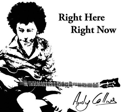 Black and white portrait of Andy Collins playing a bass guitar.