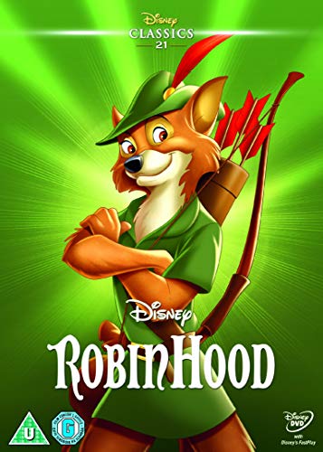 Robin Hood, an orange fox in green, holding a bow and arrows.