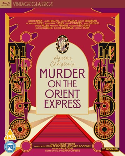 Blu-ray cover for "Murder on the Orient Express" with art deco design.