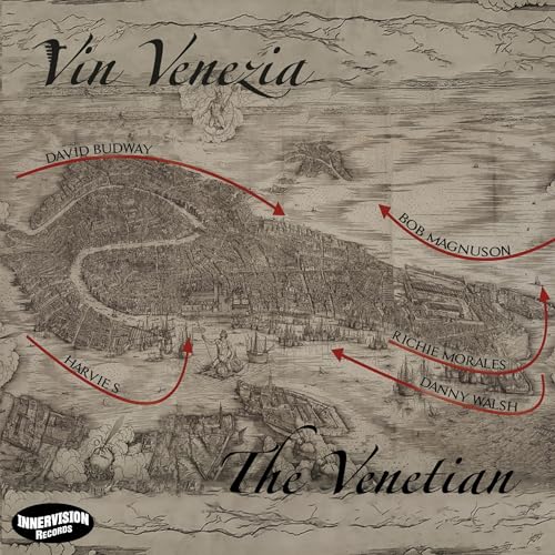 CD cover: vintage map of Venice with artist names and text.