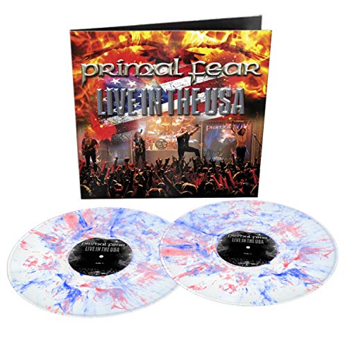 Primal Fear album cover and two marbled white, blue, and red vinyl records.