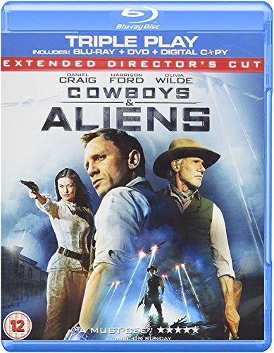 Cowboys & Aliens" Blu-ray cover featuring Daniel Craig, Harrison Ford, and Olivia Wilde.