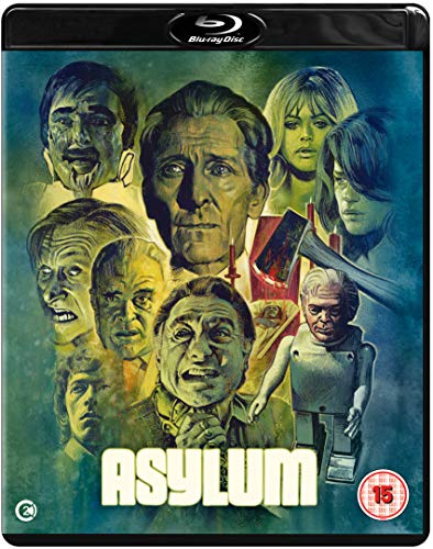 Asylum" Blu-ray cover featuring painted portraits of distressed people and a raised axe.