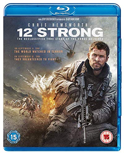 12 Strong" Blu-ray cover featuring Chris Hemsworth as a soldier with horses.