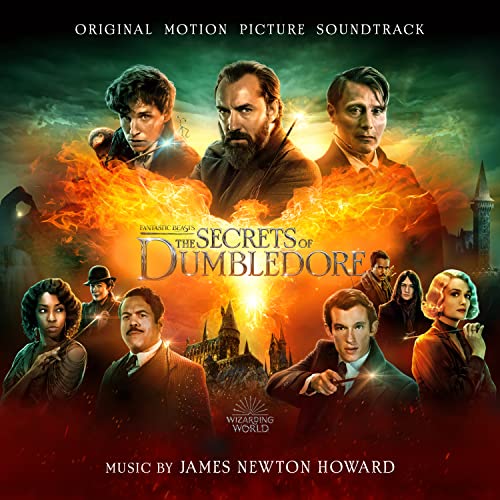 Fantastic Beasts: The Secrets of Dumbledore" soundtrack CD cover with cast portraits.